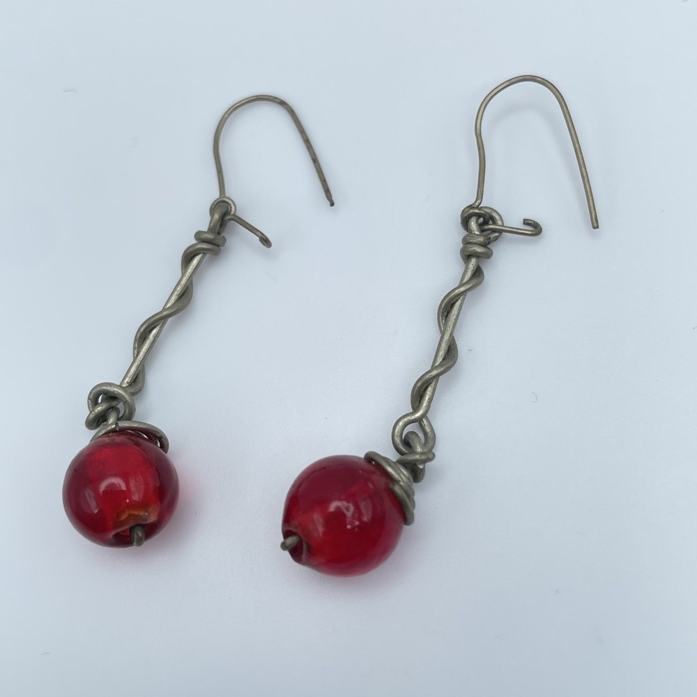 Vintage Handmade Carnelian Red Bead Wire Wrapped Dangle Drop Earrings Boho